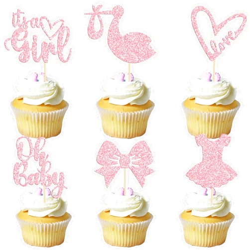 Gyufise 36 Pack Oh Baby Cupcake Toppers It's a Girl Cupcake Toppers with Bow Dress Love Heart Pink Glitter Cake Picks Decorations for Baby Shower Girl Birthday Party Supplies