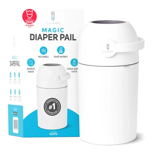 L.A. BABY Magic Diaper Pail - Patented 100% Odor-Free System with Child-Safe Lock - Award-Winning Design - No Refills Required - Works with Regular Trash Bags - White