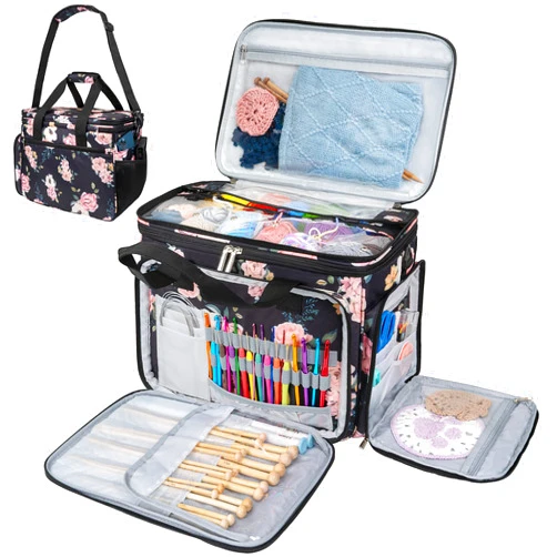 PAVILIA Knitting Bag Yarn Storage Tote, Large Crochet Organizer Bag, Yarn Storage Holder for Crocheting Knitter, Knitting Project Bag, Crochet Accessories Set, Gifts for Crochet Lovers, Soft Rose
