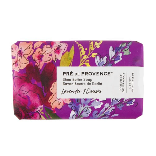 Pre de Provence Wrapped Artisanal Soap Bar, Organic Shea Butter Enriched, Natural French Skincare, Quad Milled for a Rich Smooth Lather, Lavender & Cassis, 150 Gram