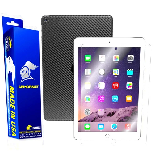 ArmorSuit MilitaryShield Black Carbon Fiber Skin Wrap Film + HD Clear Screen Protector for Apple iPad Air 2 WiFi - Anti-Bubble Film