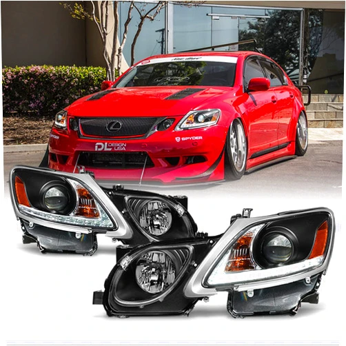 AKKON - For 2006-2011 Lexus GS300 GS350 Xenon Type Model LED Strip DRL Black Headlights Headlamps - Pair