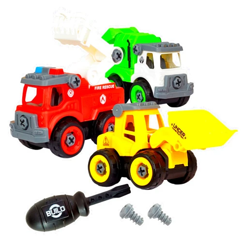 Flybar Power Gearz Take Apart Toy with Screwdriver and Screws- 3 Pack Truck Set for Boys and Girls- Fire Truck, Construction Truck, Garbage Truck- Vehicle Set - Building Toys for Kids Ages 3-5