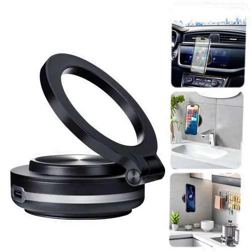 Warmow Electric Vacuum Magnetic Car Phone Mount, 360° Rotating Magnetic Phone Holder, Strong Suction for Car Kitchen Mirro Gym Bath Shower & All Smooth Surface, Compatible with iPhone & Android (Black)
