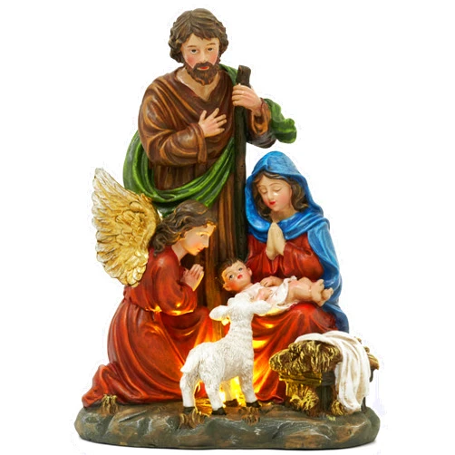 Valery Madelyn Christmas Nativity Scene Figurine, Red Gold Handcrafted Holy Family with Angel and Lamb Resin Sculpture with Lights for Holiday Indoor Xmas Gift Table Statue Decorations, 9.8 Inch