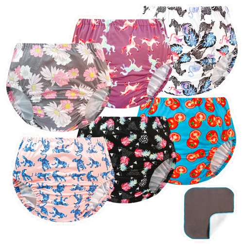 EZ Moms 6 Packs Soft Plastic Underwear for Toddlers Reusable Portable Rubber Pants with Washable Wipes Boy and Girl 1T-5T