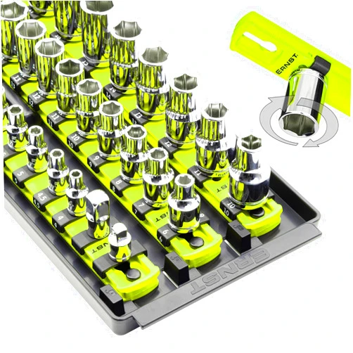Ernst Manufacturing 8460HV Socket Boss 3-Rail Multi-Drive Socket Rail Organizer with Tray, 18-Inch, High-Visibility - Made in USA