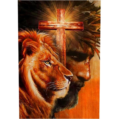 Generic 5D DIY Diamond Art Painting Christ Jesus Cross Lion 14x20 inches for Adults, Full Round Drill Rhinestone Embroidery for Wall Decoration