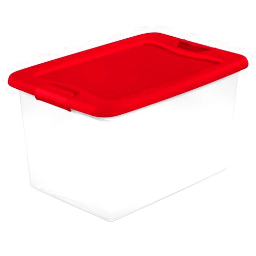 Sterilite 64 Qt Latching Storage Box, Stackable Bin with Latch Lid, Organize Holiday Decor in Closet, Clear Base with Red Lid, 6-Pack
