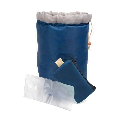 E-Living Large Capacity Portable Drawstring Cosmetic Bag for Makeup Storage, Toiletry Organizer, Bathroom Storage, and Carry On Travel - Blue & Gray
