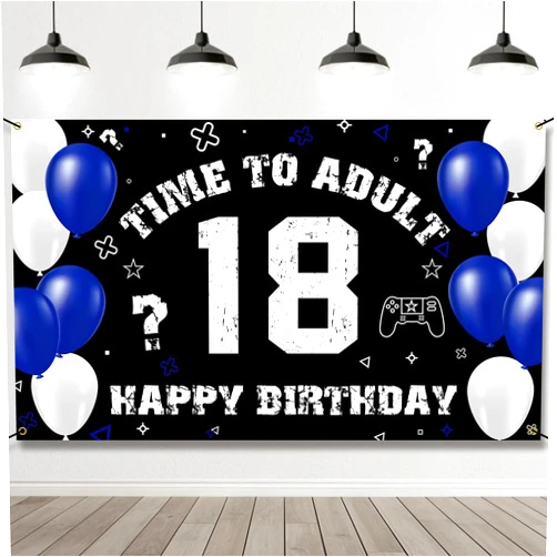 PHXEY Fabric 18th Birthday Decoration for Boys, Happy 18th Birthday Banner Blue White, 18 Year Old Birthday Party Yard Sign Photo Booth Props Background Decor Supplies for Men