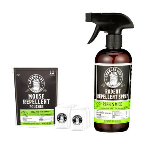 Grandpa Gus's Natural Mouse Repellent Pouches (10 Pack) Bundled with Rodent Repellent Spray (16 fl oz), Peppermint & Cinnamon Oils, Repel Mice/Rats from Home, Shop, Cabin, Shed, RV, Car & Boat Storage
