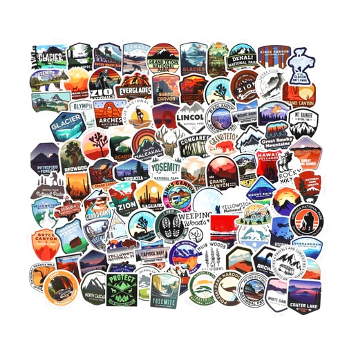 QIYUYA National Park Sticker Pack Set 100 pcs, Outdoor Nature Adventure Hiking Camping Wilderness Stickers, Waterproof Vinyl Travel Stickers Decals for Water Bottle Laptop Car Bumper Luggage Phone Case Bike