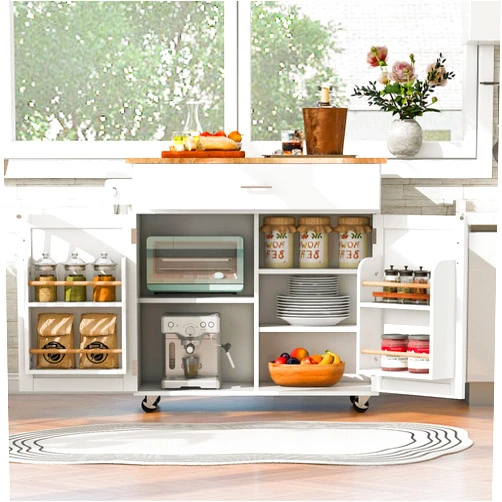 FULife Rolling Kitchen Island Carts On Wheels, Rubber Wood Drop Leaf Top Mobile-cart has Spacious Drawer with Divider, Storage Racks & Adjustable Shelf Movable Cabinet