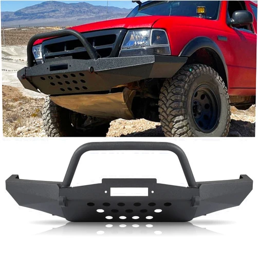 PARTREE Full Width Front Bumper for Ford Ranger 1998-2011, Off-road Front Bumper w/Winch Plate D-Ring Mounts Powder Coated Black Heavy-duty Steel Front Bumper