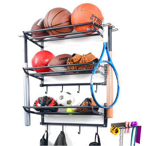 FelRelWel Garage Sports Equipment Storage Rack with Separate Shelf Set, Ball Rack, Sport Equipment Organizer with Hooks for Badminton Racket, Basketball Rack for Basketball Football Rugby