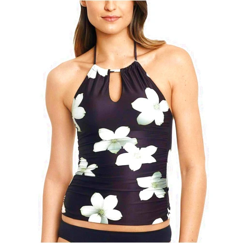 LAUREN RALPH LAUREN Women's Villa Floral High Neck Halterkini (Black/White, 8)