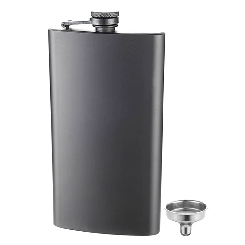 FYL 12 Oz 18/8 Stainless Steel Hip Flask for Liquor with Never-Lose Cap, Leakproof Easy Pour Funnel is Included, Matte Black