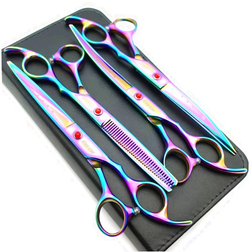 Kingstar 7.0in Titanium Rainbow Professional Pet Grooming Scissors Set,Straight & Thinning & Curved Scissors 4pcs Set for Dog Grooming,(Rainbow)