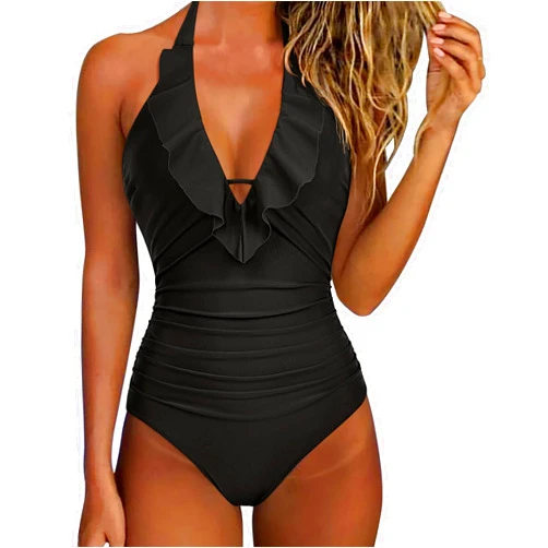 SUUKSESS Women Sexy Halter One Piece Swimsuits Ruffle Tummy Control Bathing Suit