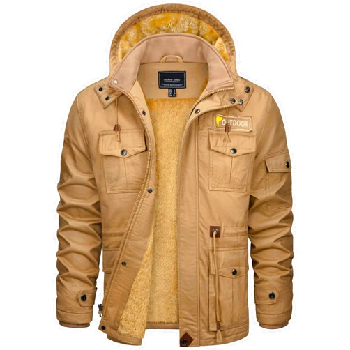CRYSULLY Men's Winter Jacket Cotton Military Jackets Fleece Lined Thick Warm Cargo Coats Multi-Pocket Outwear with Hooded