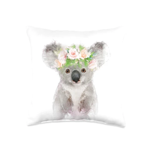 Bloom & Florence Koala Portrait Wearing a Flower Crown Cute Wildlife Gift. Throw Pillow, 16x16, Multicolor