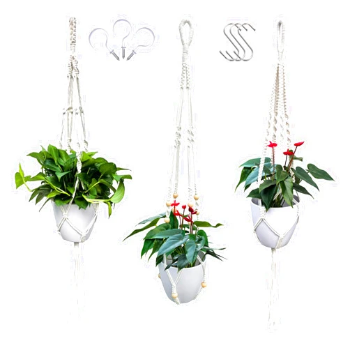 WIWUE GUO 3 Pack Macrame Plant Hanger, Indoor Hanging Planter Basket with Wood Beads and 3 Hooks, Different Size for Boho Indoor Outdoor Home Decor, Lvory(POTS NOT Included)