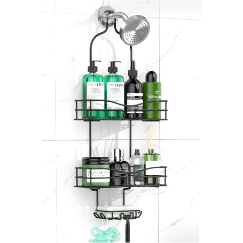 DAOYA Bathroom Shower Caddy Hanging - Shower Organizer Hanging 3-Tier with Soap Holder & 6 Hooks for Towels, Sponge, Shower Caddy over Shower Head Fits 21mm Shower Head Arm, Black