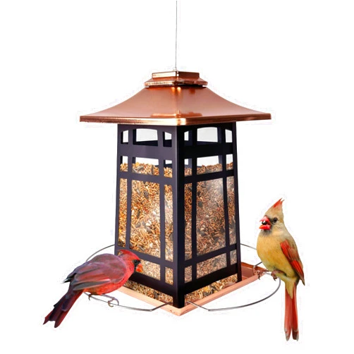Nature's Way Outdoor Garden Décor Hanging Wild Bird Seed Feeder, Metal Copper Gazebo Feeder, Easy Fill, Rain Drainage, Black and Copper