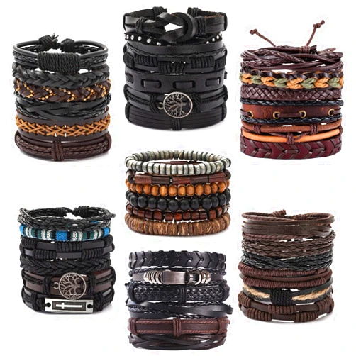 FIRAZIO 42Pcs Braided Leather Bracelets for Men Women Wrap Wood Beads Cuff Bracelet Hemp Cords Ethnic Tribal Handmade Wrap Wristband Bracelets Set Adjustable