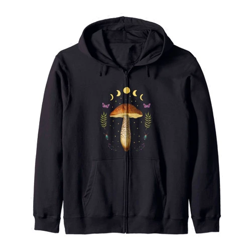Witchy Goth and Celestial Lunar Creations Dark Academia Cottagecore Aesthetic Magical Mushroom Fungi Zip Hoodie