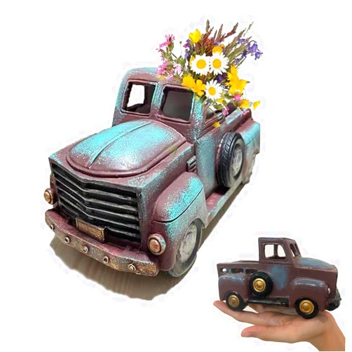 HAOXU Retro Truck Décor, Farmhouse Resin Truck Succulent Planter Pickup Car Model Gift, Rustic Vintage Truck Car Decorations Tabletop Decorative Storage for Home Office Outdoor
