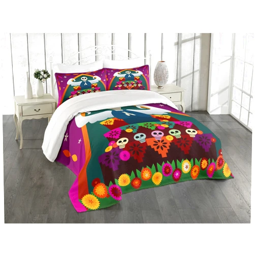 Ambesonne Sugar Skull Coverlet, Angel with Skull Head on top of Altar to Celebrate Dia de Los Muertos, 3 Piece Decorative Quilted Bedspread Set with 2 Pillow Shams, King Size, Dark Blue White Blue