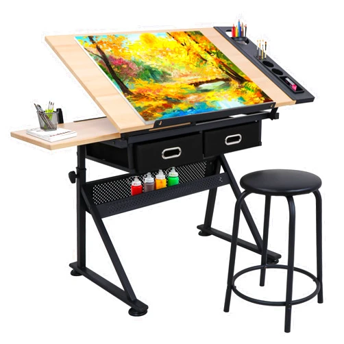 NOVA MICRODERMABRASION Adjustable Height Drafting Desk Drawing Table Tiltable Tabletop for Reading, Writing Art Craft w/Stool and Drawers