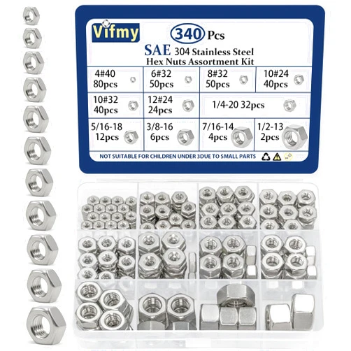 Vifmy SAE Hex Nuts Assortment Kit(340 Pcs),4#40 6#32 8#32 10#24 10#32 12#24 1/4