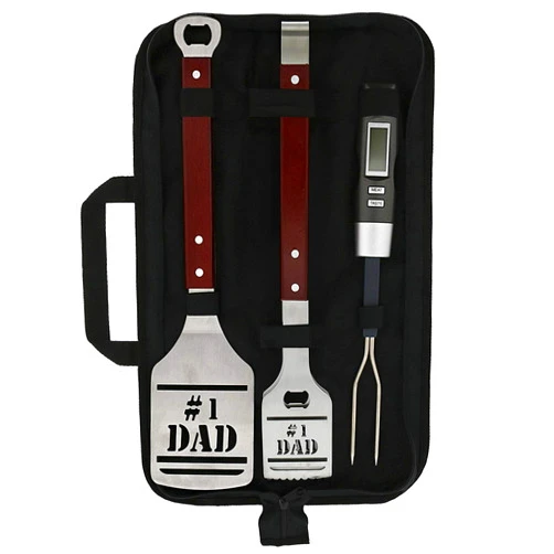 Panoware BBQ Grill Tools Set for Dad, 4 Piece Set, Number 1 Dad Tongs, Spatula, Digital Thermometer and Case