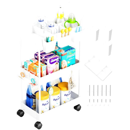 Recximi 3 Tier Slim Storage Cart, White Narrow Rolling Cart with Wheels, Baby Cart with Dividers Handle and Hanging Cups Hooks, Premium Nursery Organizer Cart, Baby Diaper Organizer Cart for Small Space