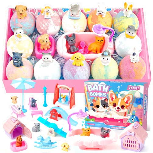 Toylink Bath Bombs for Kids with Surprise Inside for Girls Boys, 12 Pack Kids Bath Bombs with Dog & Cat Toys Pretend Playset Handmade Bubble Bath Fizzies Birthday Christmas Gift Set
