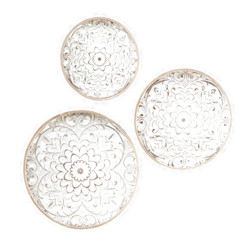 Madison Park Wall Art Living Room Décor - Medallion Trio Real Fir Wood Round Design, Home Accent Modern Kitchen Dining Decoration, Ready to Hang Panel for Bedroom, Multi-Sizes, Natural/White 3 Piece