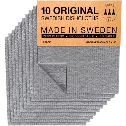 SUPERSCANDI Swedish Dishcloths for Kitchen Grey 10 Pack Reusable Compostable Kitchen Cloth Made in Sweden Cellulose Sponge Swedish Dish Cloths for Washing Dishes Reusable Paper Towels Washable