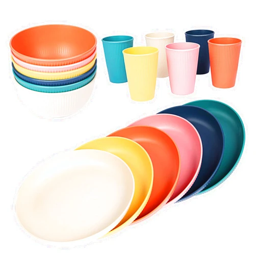 HORNORM 18pcs Wheat Straw Dinnerware Sets, Unbreakable dish Set Reusable Plates, Bowls, and Cups Set dishes Dishwasher Microwave Safe for Kitchen Outdoor Travel Camping (Macron Color)
