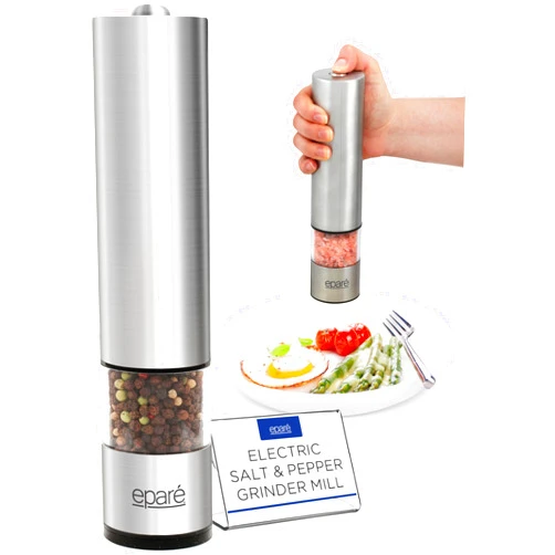 Eparé Salt or Pepper Grinder Mill Electric – Battery Operated Stainless Steel Mill with LED Light, Adjustable Ceramic Core, and One-Hand Push Button for Effortless Seasoning and Cooking