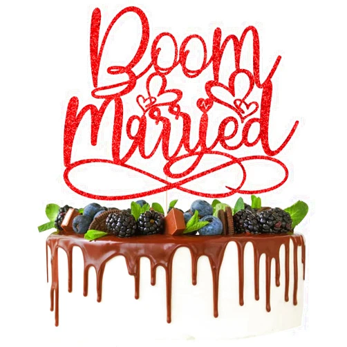Verherer BOOM! Married Wedding Cake Topper, Gold，Funny, Quirky, Nerdy cake topper，Engagement, Anniversary, Birthday, Wedding Party Supplies Cake Decors (red)