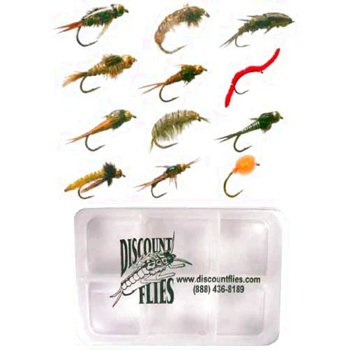 Discountflies Nymph Fly Fishing Flies – Fishing Kit w/Trout Flies + Fly Box – Realistic and Effective Trout Fishing Gear – Nymph Flies for Fly Fishing on Strong, Sharp Hooks.