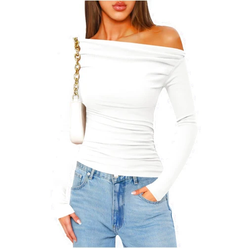 ZESICA Womens Off Shoulder Long Sleeve Tops Spring Casual Boat Neck Ruched Slim Fit Going Out Y2k Shirts Blouses