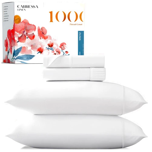 Carressa Linen 100% Egyptian Cotton Queen White Sheet Set - 1000 Thread Count 4 PC Cotton Sheets for Queen Bed, Silky Soft, Cooling Extra Long Staple Luxury Hotel Sheets - Fits Upto 18” Deep Pocket