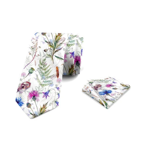 Ambesonne Thistle Men's Tie Set, Hand-Drawn Watercolor Style Summer Wildflowers Pattern as Cornflower and Thistle, Necktie Set Groom Handkerchief for Parties Weddings & All Occasions, Multicolor