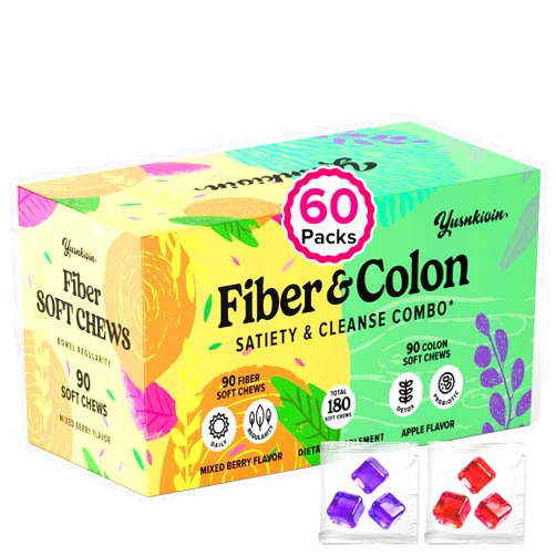 Yusnkioin Fiber Gummies & Colon Gentle Cleanse, 180 Soft Chews 12g Fiber Supplement & Colon Gut Cleanse for Women Men, with Psyllium Husk, Senna, Probiotics, for Detox, Digestive Constipation Relief, Gut Health