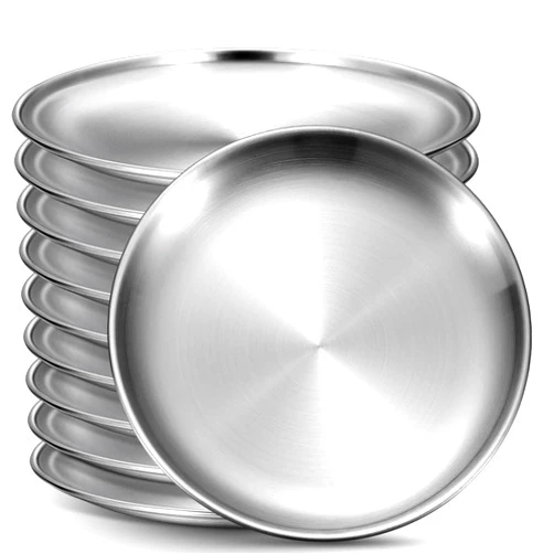 Honeydak 10 Pcs 18/8 Stainless Steel Plate Bulk 304 Stainless Steel Dishes 8 Inches Adult Reusable Camping Plates Dishwasher Safe Feeding Serving Flat Plate Double Layers Round Dessert(Silver)