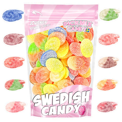 Pickmix Candy Sweden Swedish Candy S-Märke Mix – 1 Pound of Gummy Candy With 10 Flavor Variety, Fizzy Cola, Razzy, Maracuja, Sour Peach & Dragon Fruit, Sour Strawberry, Sour Pomegranate & Raspberry, Sour Watermelon, Sour Cherry, Sour Blue Raspberry & Sour Apple